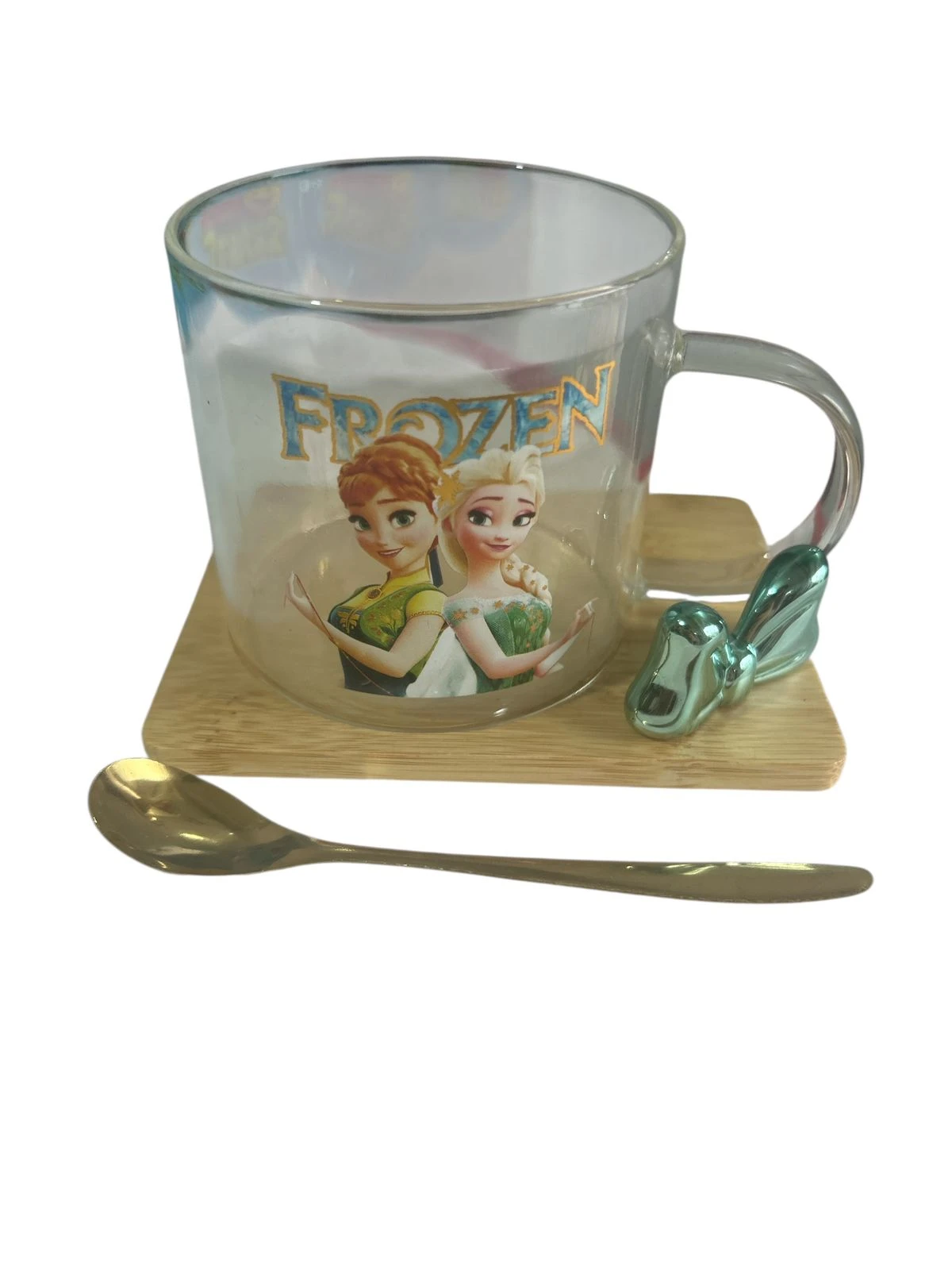 ماغ زجاج مع قاعدة خشب وملعقة، تصميم كرتوني أنيق، مثالي لنسكافيه والقهوة وقعدة رايقة